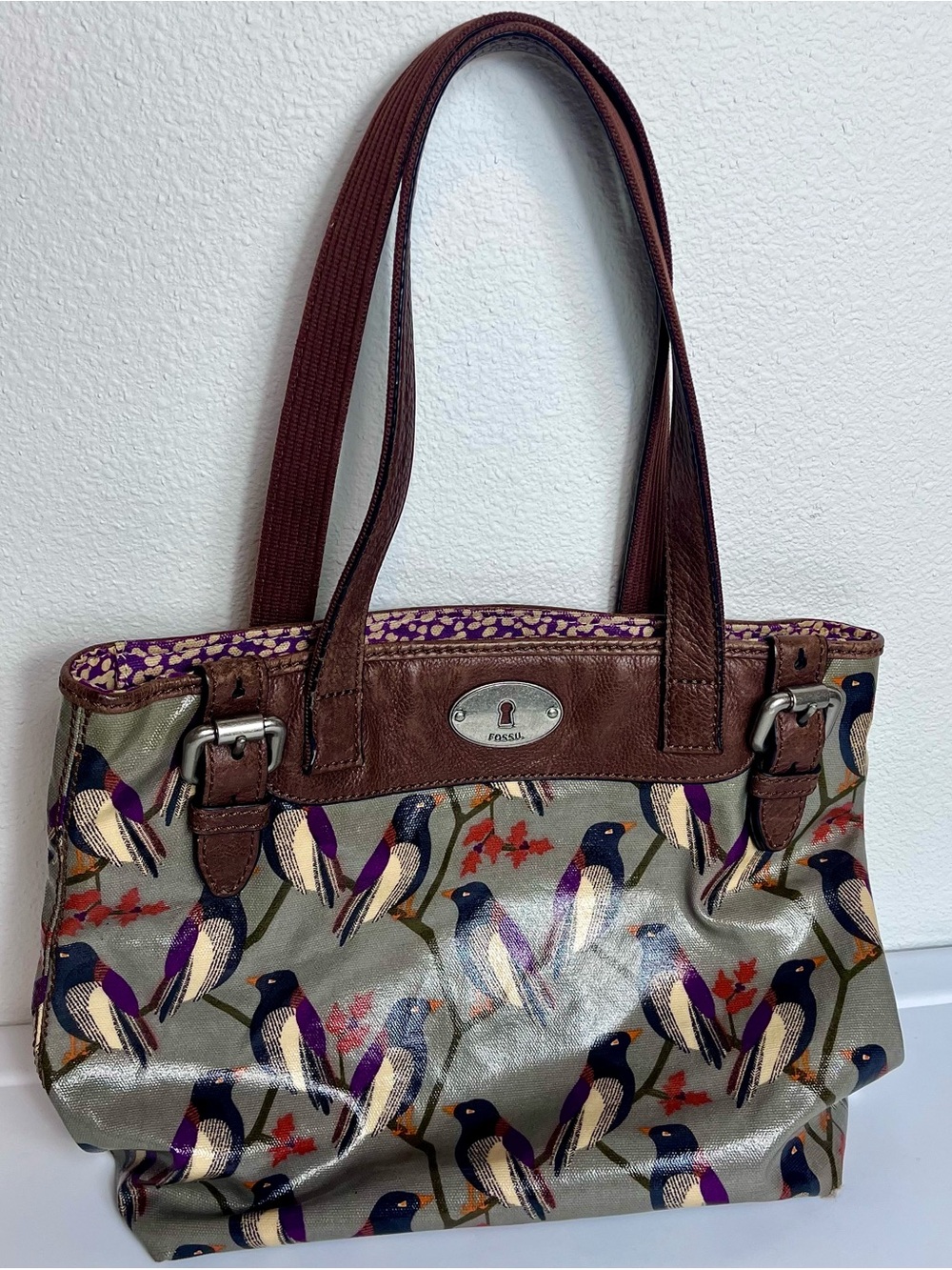 FOSSIL KeyPer Handbag Purse Birds Boho Coated Canvas Leather Brown Tote Bag